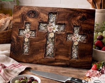 Christian Tempered Glass Cutting Board Three Crosses Floral Faith Kitchen Decor  Rustic Farmhouse Gift Religious Charcuterie Farmhouse Rose