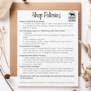 May include: A white document titled Shop Policies with black text detailing returns, refunds, exchanges, cancellations, tracking, and lost packages. The top right corner features a circular logo with a cow silhouette and the text Grace on the Range.