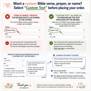 May include: An instructional graphic explaining how to order a custom cutting board. It features two options: Display Image for the standard design and Custom Text for personalization, including text boxes, dropdown menus, and examples of input.