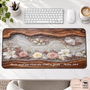 Christian Desk Mat Bible Verse Psalm 34 Mouse Pad Floral Wood Resin Faith Office Decor Inspirational Workspace Typing Writing Crafting Gift