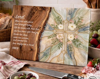 Christian Glass Cutting Board Prayer For Her Floral Cross Kitchen Decor Bless Her Peace Strength Faith Inspirational Housewarming Gift Idea
