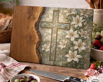 Christian Faux Stained Glass Cutting Board Cross Lily Farmhouse Kitchen Decor Floral Scripture Faith Gift Religious Faux Wood Rustic
