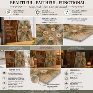 May include: A rectangular tempered glass cutting board featuring a wood grain pattern on the left side with the text "Lord, Bless her with grace and strength today..." and a floral cross illustration on the right side with white flowers.