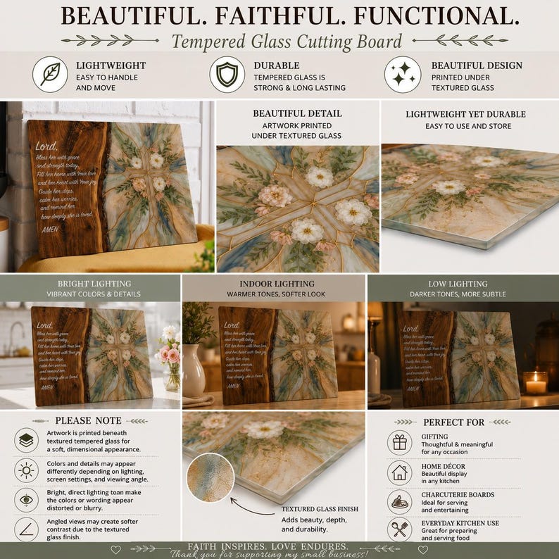 May include: A rectangular tempered glass cutting board featuring a wood grain pattern on the left side with the text "Lord, Bless her with grace and strength today..." and a floral cross illustration on the right side with white flowers.