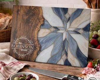 Personalized Christian Glass Cutting Board Monogram Family Name Gift Blue Floral Faux Resin Wood Farmhouse Kitchen Decor Housewarming Faith