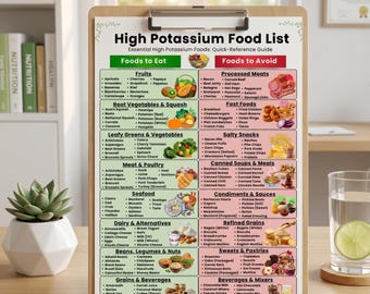 Lista imprimible de alimentos ricos en potasio, tabla de alimentos ricos en potasio, alimentos ricos en potasio, guía de dieta rica en potasio, lista de la compra de alimentos ricos en potasio