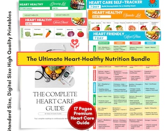 Paquete definitivo de nutrición para la salud del corazón: lista de alimentos saludables para el corazón, planificador de comidas de 7 días, lista de compras, registro de cuidado cardíaco, guía en PDF de 17 páginas.