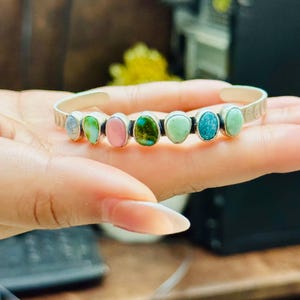 Multiple Turquoise Bangle, 925 Silver Cabochon Cut Jewelry, Handmade Navajo Style Bangle