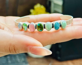 Brazalete de turquesas múltiples, joyería de plata 925 con corte cabujón, brazalete estilo Navajo hecho a mano