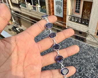 Lila Amethyst Armband, Oval Stein Armband, handgemachter 925 Silber Schmuck