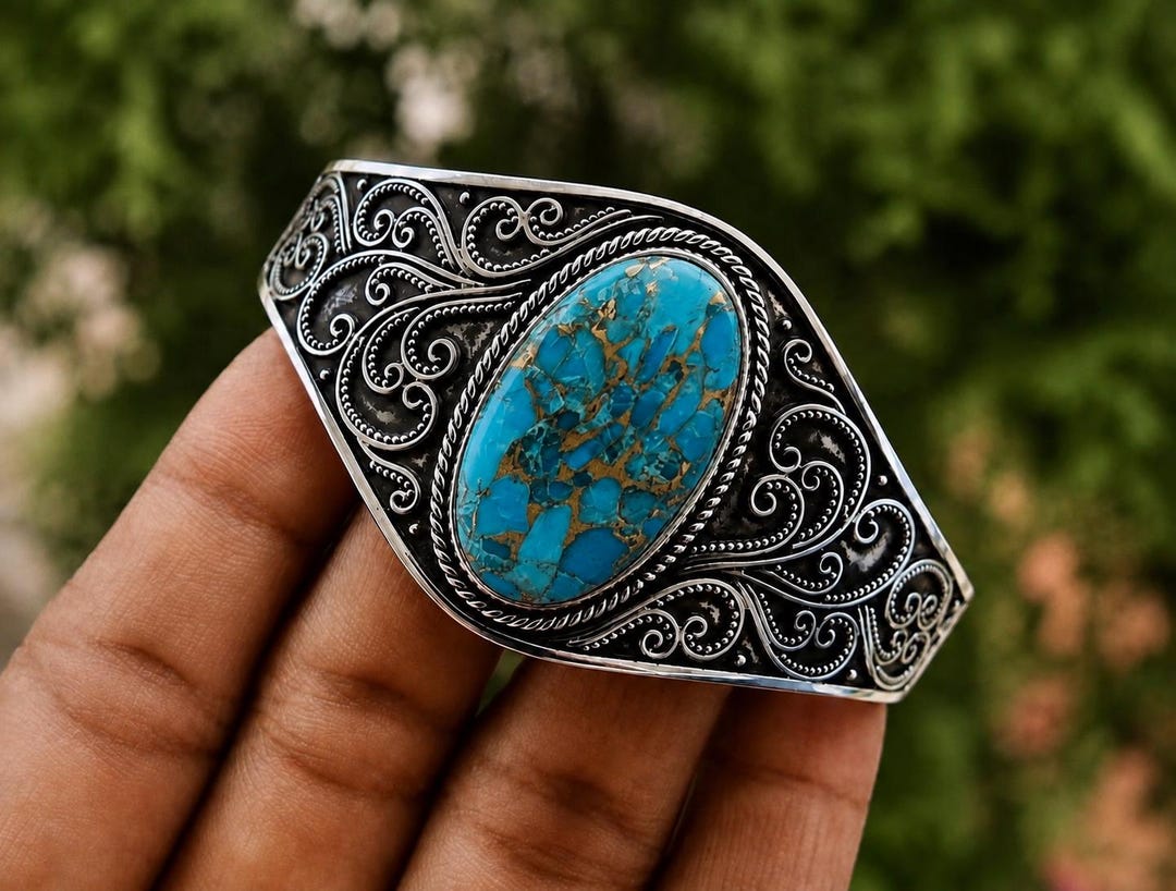 Designer Blue Copper Turquoise Bangle, Big Oval Stone Bangle