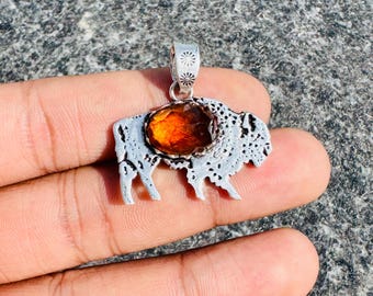 Orange Citrine Oval Stone Pendant, Handmade Buffalo Design 925 Silver Pendant