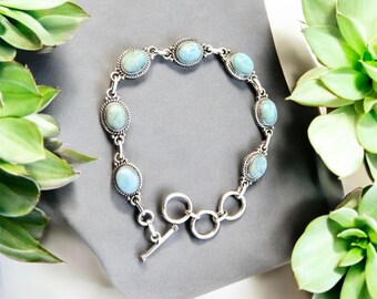 Bransoletka z 7 kamieniami Larimar, Bransoletka ze srebra 925, Bransoletka ręcznie robiona, Bransoletka z 7 owalnymi kamieniami, Designerska bransoletka łańcuszkowa, Delikatna bransoletka z larimaru
