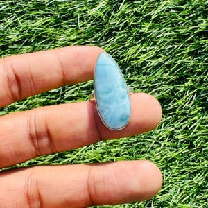 Handmade Long Pear Blue Larimar Ring, 925 Silver Ring