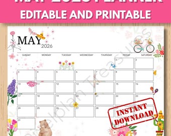 Agenda imprimable modifiable en mai 2026 | Calendrier thématique Fête des Mères | Agenda esthétique floral |  Agenda mensuel PDF | Téléchargement numérique mignon