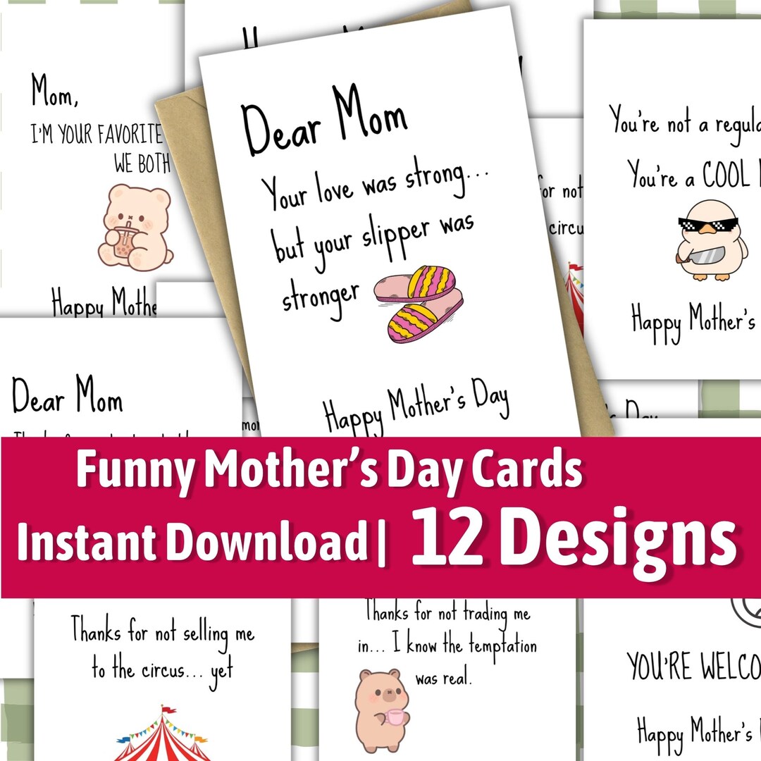 Funny Mothers Day Cards Printable, 12 Card Bundle, Instant Download ...