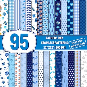Könnte beinhalten: Eine Sammlung von 95 nahtlosen Mustern zum Vatertag in Blautönen. Die Muster zeigen Krawatten, Uhren, Herzen und den Text "I Love Dad". Das Bild enthält auch den Text "Fathers Day Seamless Patterns 30.48cm x 30.48cm | 300 DPI".