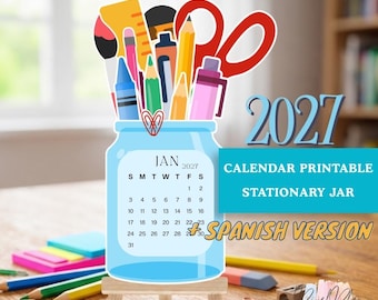 2027 Printable Desk Calendar | English & Spanish | Teacher Desk Decor | Back to School | Diy Mini Calendar | PDF PNG JPG | Stationery Jar