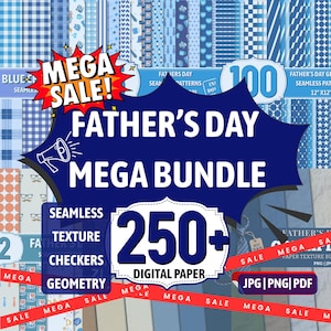May include: A digital collection of over 250 Father's Day themed seamless patterns featuring blue geometric, plaid, and icon-based designs. The bundle includes various textures and styles in JPG, PNG, and PDF formats, presented with a large graphic overlay.