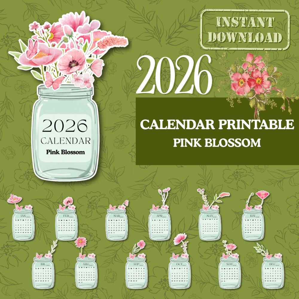 2026 Floral Desk Calendar Printable | Pink Blossom Mini Calendar ...