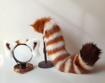 Red Panda Ears Tail Set Faux Fur Cosplay Props Cute Plush Animal Costume Accessories for Halloween Fairy Festival LARP Outfits