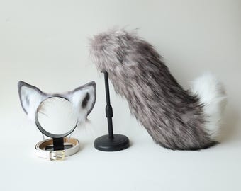 Conjunto de orejas y cola de lobo plateado, accesorios de cosplay de piel sintética, lindos accesorios de peluche para disfraces de animales, Halloween, festival de hadas, LARP