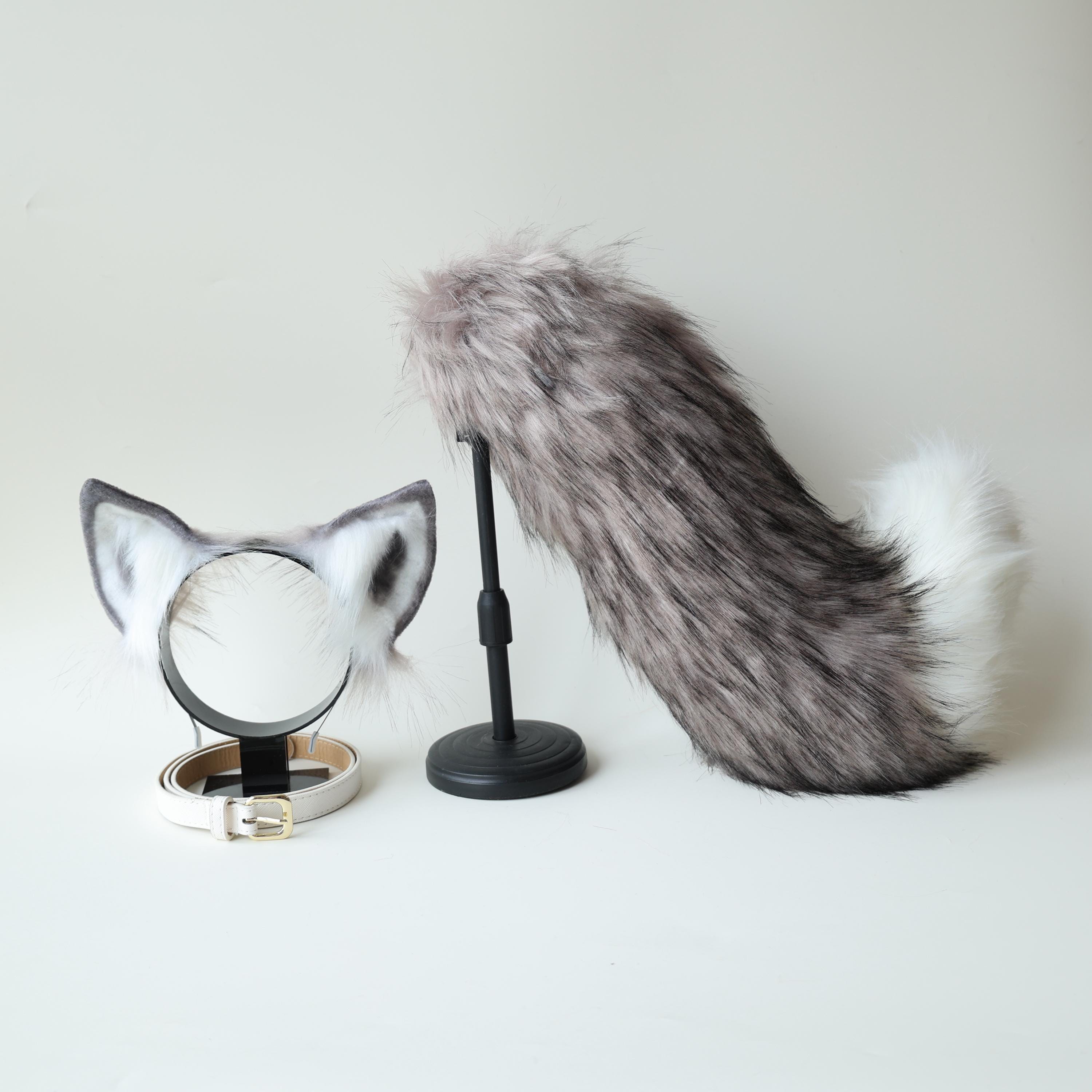 Silver Wolf Ears Tail Set Faux Fur Cosplay Props Cute Plush Animal Costume Accessories for Halloween Fairy Festival LARP Outfits