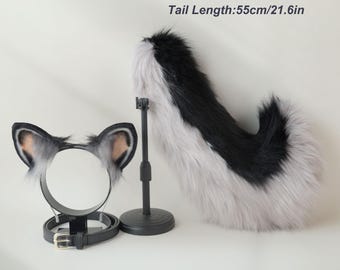 Conjunto de orejas y cola de lobo negro y gris, accesorios de cosplay de piel sintética, lindos accesorios de peluche para disfraces de animales, Halloween, festival de hadas, LARP.