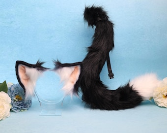 Schwarz und Weiß Kunstpelz Katzenohren und Schwanz Set: Cosplay Kostümzubehör