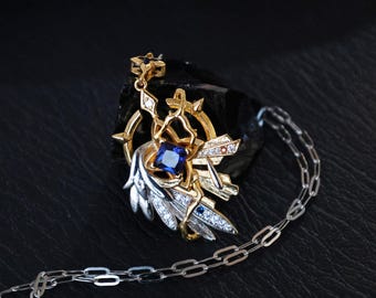 Honkai Star Rail Sunday Metal Necklace - Celestial Blue Gemstone Pendant with Gold & Silver Wings, Jewelry Gift for Cosplay Fashion