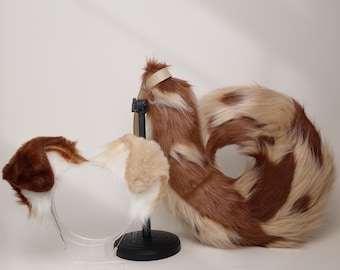 Conjunto de orejas y cola de perro de piel sintética: Disfraz de cosplay en marrón y caqui