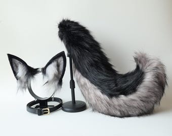 Black Gray Wolf Ears & Tail Set Faux Fur Cosplay Props Cute Plush Animal Costume Accessories for Halloween Fairy Festival LARP Outfits