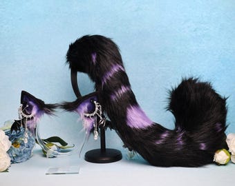 Gothic Cat Ears and Tail Set: Black Purple Faux Fur, Bat Charms