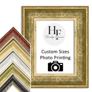 May include: A gold-toned picture frame with a distressed finish, showcasing the text "Custom Sizes Photo Printing" and a camera icon. A selection of frame corner samples in various colors is visible.
