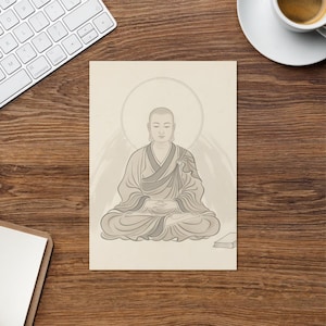 May include: A beige illustration of a seated Buddhist monk in meditation. The monk is wearing a robe and has a halo behind their head. A small book is to the right of the monk. The image is on a wooden surface with a keyboard and coffee cup in the background.