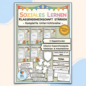 Könnte beinhalten: Ein farbenfrohes Lernposter auf Deutsch mit dem Titel "SOZIALES LERNEN" (Soziales Lernen) zur Stärkung der Klassengemeinschaft. Es enthält Arbeitsblätter, Spiele und visuelle Hilfsmittel für soziales und emotionales Lernen, mit dem Text "5 Doppelstunden" (5 Doppelstunden).