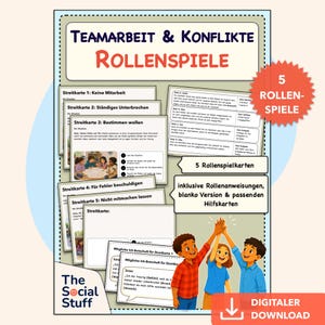 Könnte beinhalten: Ein Set aus pädagogischen Rollenspielkarten mit dem Titel Teamarbeit & Konflikte Rollenspiele, das fünf Konfliktszenarien, Rollenanweisungen, Blanko-Vorlagen und Hilfskarten enthält, ergänzt durch eine Illustration von drei Kindern beim Abklatschen.