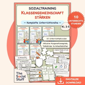 Könnte beinhalten: Ein digitales Unterrichtsmaterial mit dem Titel Sozialtraining Klassengemeinschaft Stärken, bestehend aus 10 Unterrichtsstunden für die Klassen 3-5. Enthält Arbeitsblätter, Kooperationsspiele und Tafelbilder zur Förderung der Klassengemeinschaft.