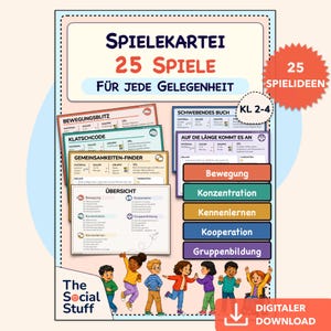 Può includere: Un set di carte da gioco digitali intitolato SPIELEKARTEI 25 SPIELE FÜR JEDE GELEGENHEIT, con schede per le classi 2-4. Il set include categorie come Bewegung, Konzentration, Kennenlernen, Kooperation e Gruppenbildung, illustrato con un gruppo di bambini diversi in basso.