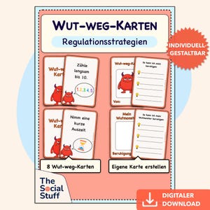Könnte beinhalten: Ein Set aus Wut-weg-Karten Regulationsstrategien mit roten Monster-Illustrationen. Die Karten enthalten deutschen Text wie Zähle langsam bis 10, Nimm eine kurze Auszeit sowie leere Vorlagen für individuelle Beruhigungsstrategien mit Glühbirnen-Symbolen.
