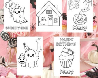 Op de afbeelding: Een verzameling zwart-wit Halloween- en verjaardagskleurplaten. De pagina's bevatten geesten, pompoenen, een huis en een cupcake. Tekst bevat "Macy is a Spooky One", "Macy" en "Happy Birthday Macy".