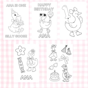 May include: Black and white line art illustrations of a goose with party hats, bows, and a birthday cake. Text includes "ANA IS ONE", "HAPPY BIRTHDAY", and "ANA". The illustrations are on a pink and white checkered background.