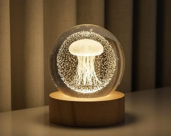 Jellyfish Crystal Ball Night Light – 3D Laser Engraved Glass Lamp with Wooden Base