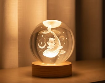 TITA-DONG Luce notturna a sfera di cristallo 3D per bambini, lampada notturna a sfera di vetro con base in legno, scrivania fantasia, regalo