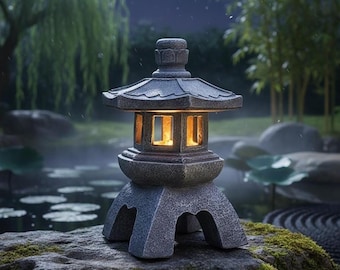 May include: A gray stone Japanese garden lantern with a pagoda-style roof and rectangular openings. The lantern sits on a stone base with a three-legged design. The lantern is illuminated, casting a warm glow.