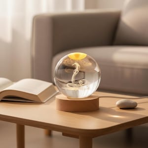 Könnte beinhalten: Eine klare Glaskugel mit einer detaillierten Kobra-Skulptur im Inneren, die von einem warmen Licht beleuchtet wird. Die Kugel steht auf einem runden Holzsockel und bildet eine dekorative Lampe. Ein Buch und ein kleiner Stein liegen auf dem Holztisch.