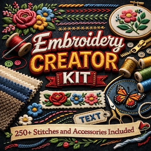 Puede incluir: Un kit de creador de bordado con varios suministros y el texto "Embroidery Creator Kit". La imagen presenta carretes de hilo, flores bordadas, muestras de tela, tijeras y el texto "250+ Stitches and Accessories Included".
