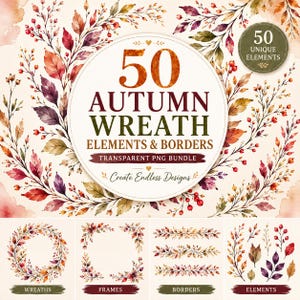 50 Herbstkranz-PNG-Bundle: Aquarell-Rahmen, Bordüren, Cliparts, Hochzeitseinladungen, digitaler Download