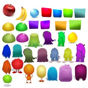 May include: A collection of digital illustrations featuring a red apple, yellow bananas, a blue sphere, various colorful geometric shapes, and several cartoon monsters in shades of purple, green, blue, orange, and yellow with diverse textures.