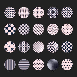 May include: A collection of twenty circular designs, each featuring a unique pattern in navy blue against a pale pink background. The patterns include chevrons, dots, geometric shapes, and stripes, all set against a dark gray backdrop.